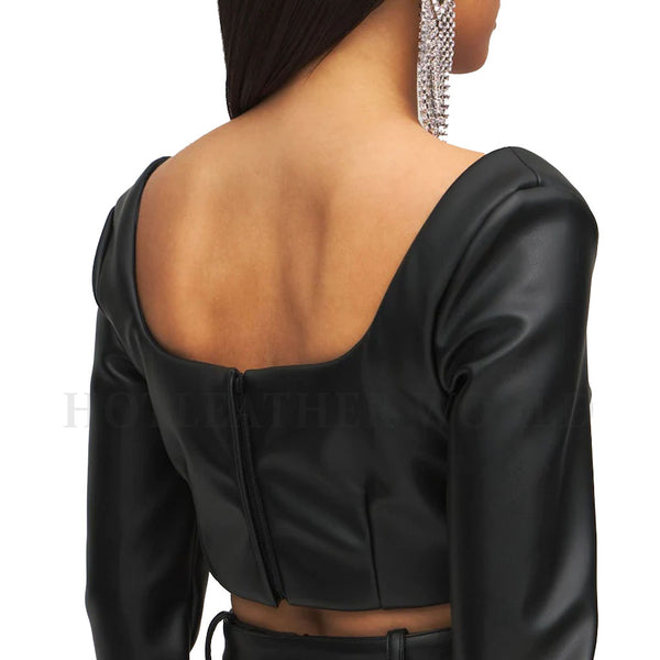 Women Long Sleeves Faux Leather Blouse -  HOTLEATHERWORLD