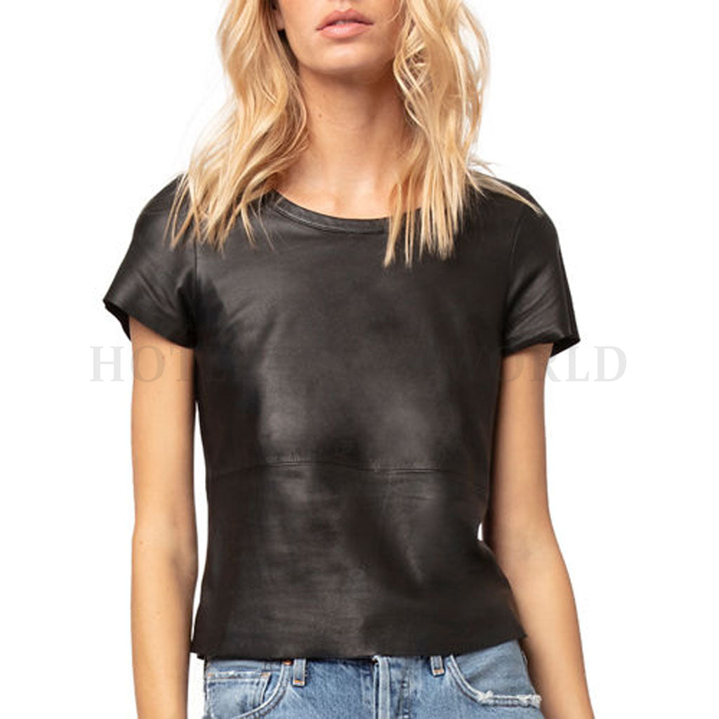 Women Pullover Cropped Leather Tee -  HOTLEATHERWORLD