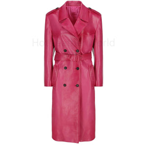 Hot Pink Double Breasted Women Leather Trench Coat -  HOTLEATHERWORLD