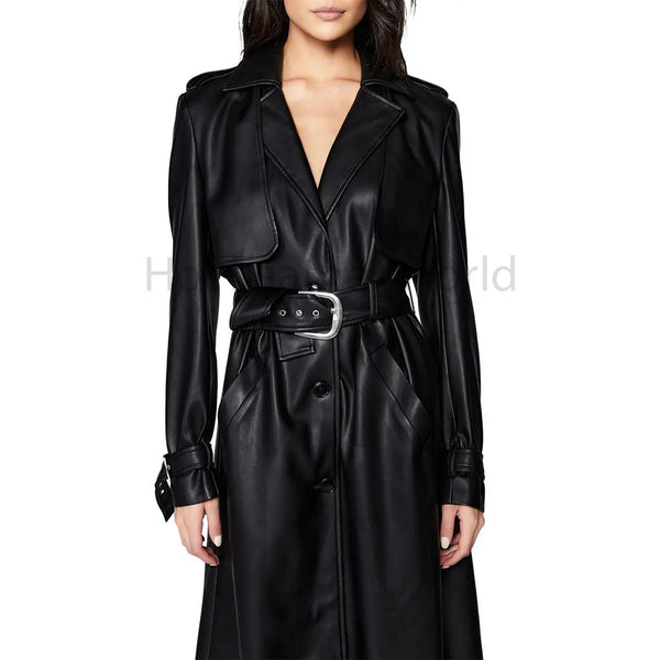 Classy Black Button Down Women Leather Trench Coat -  HOTLEATHERWORLD