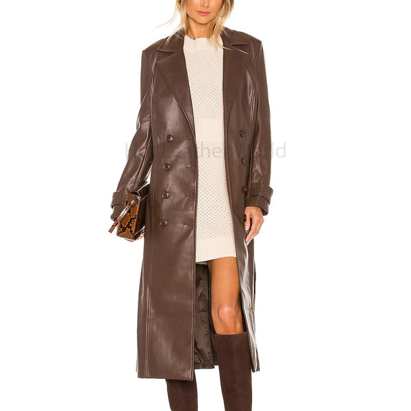 Classic Brown Double Breasted Women Leather Trench Coat -  HOTLEATHERWORLD