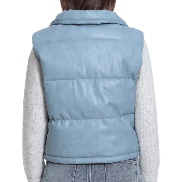 Sky Blue Puffer Women Leather Vest -  HOTLEATHERWORLD