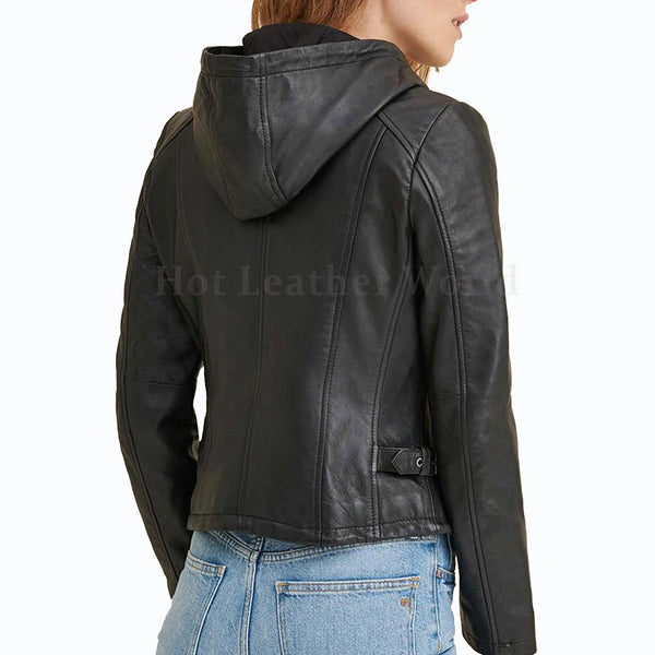 Hooded Leather Biker Jacket For Women -  HOTLEATHERWORLD