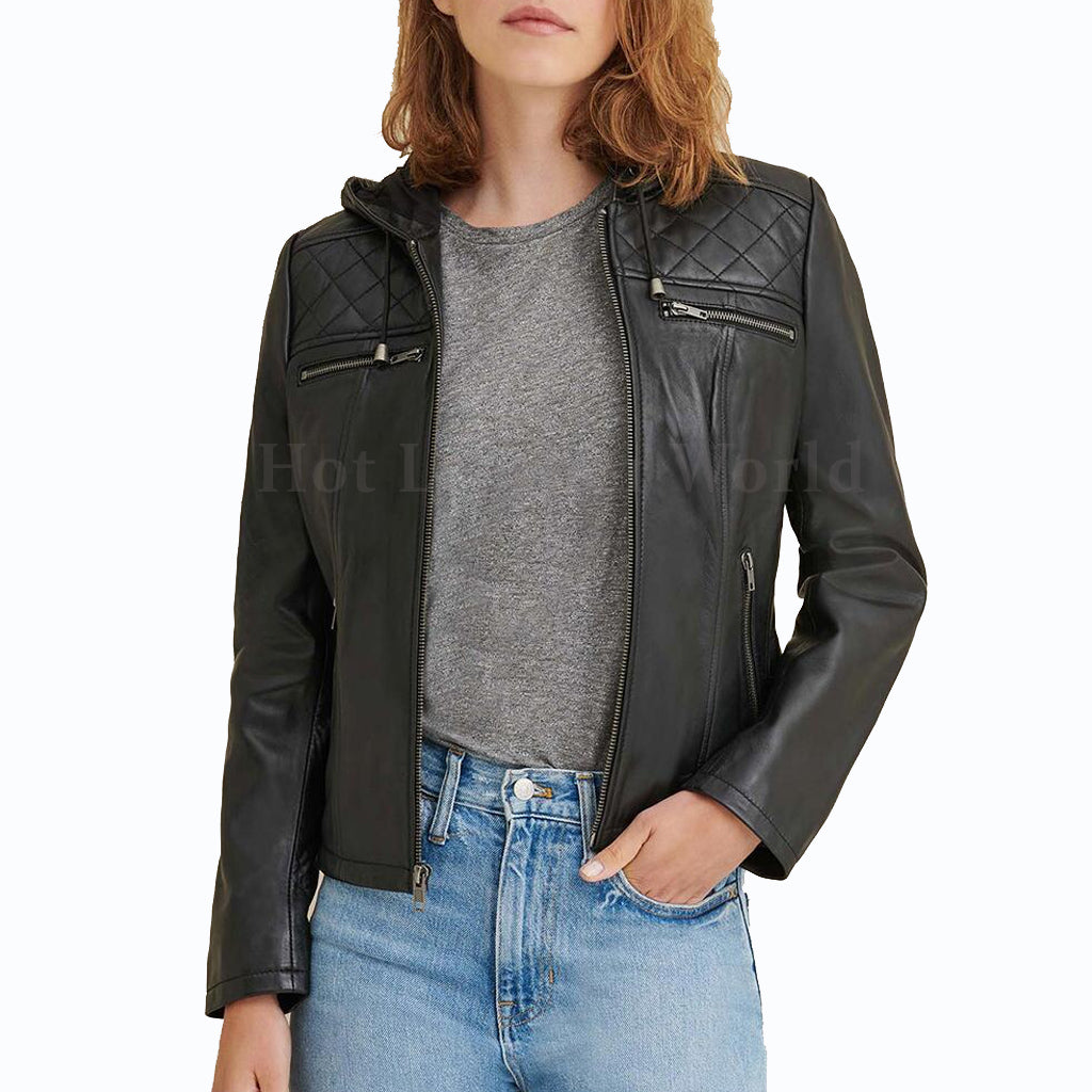 Hooded Leather Biker Jacket For Women -  HOTLEATHERWORLD