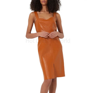 Classy Brown Woman Midi Genuine Leather Dress -  HOTLEATHERWORLD
