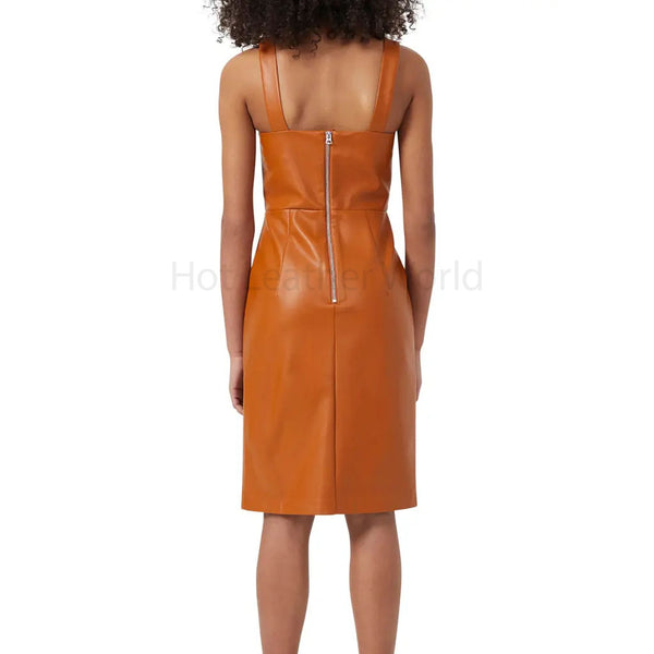 Classy Brown Woman Midi Genuine Leather Dress -  HOTLEATHERWORLD