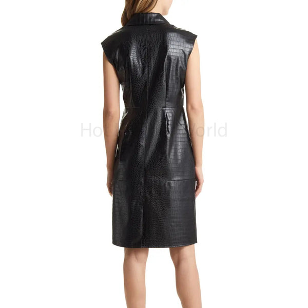 Black Croc Embossed Button Down Women Leather Dress -  HOTLEATHERWORLD