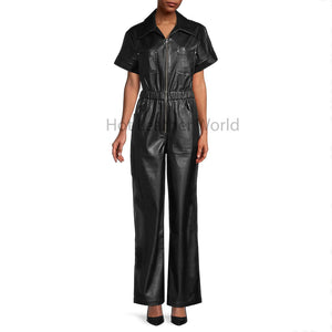 Classy Black Minimal Elasticized Waist Genuine Leather Women Jumpsuit -  HOTLEATHERWORLD