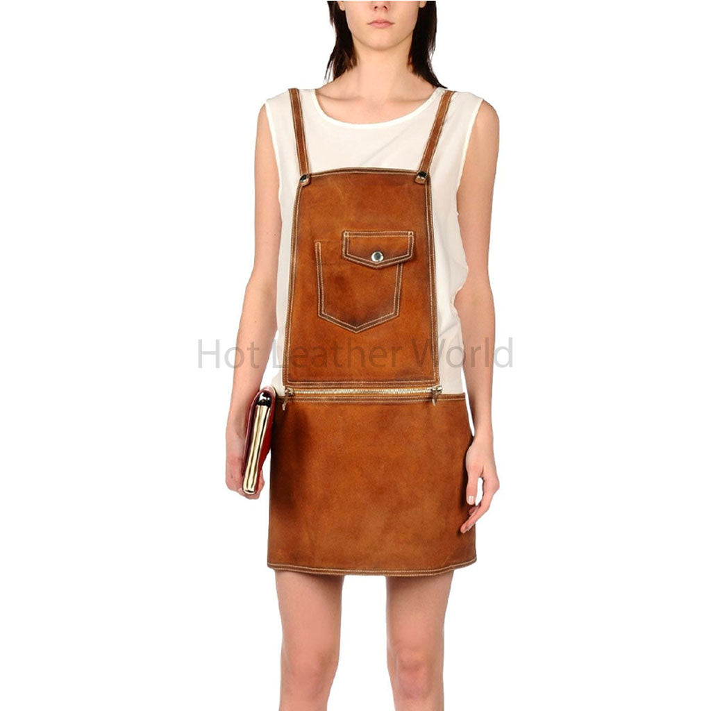 Tan Brown Women Sleeveless Mini Genuine Leather Overalls -  HOTLEATHERWORLD