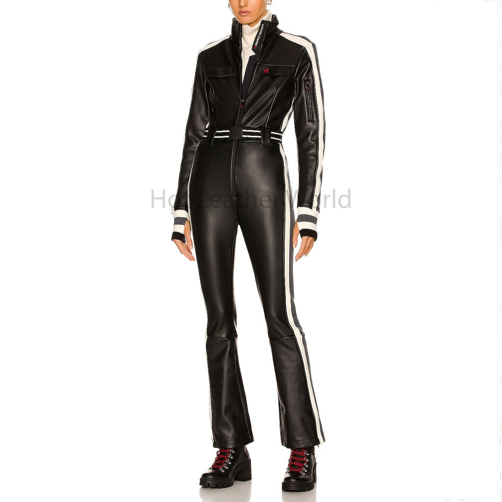 Sporty Black With White Stripes Women Genuine Leather Jumpsuit -  HOTLEATHERWORLD