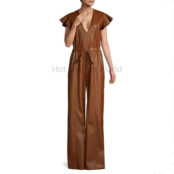 Classy Brown Bell Bottom Women Faux Leather Jumpsuit -  HOTLEATHERWORLD