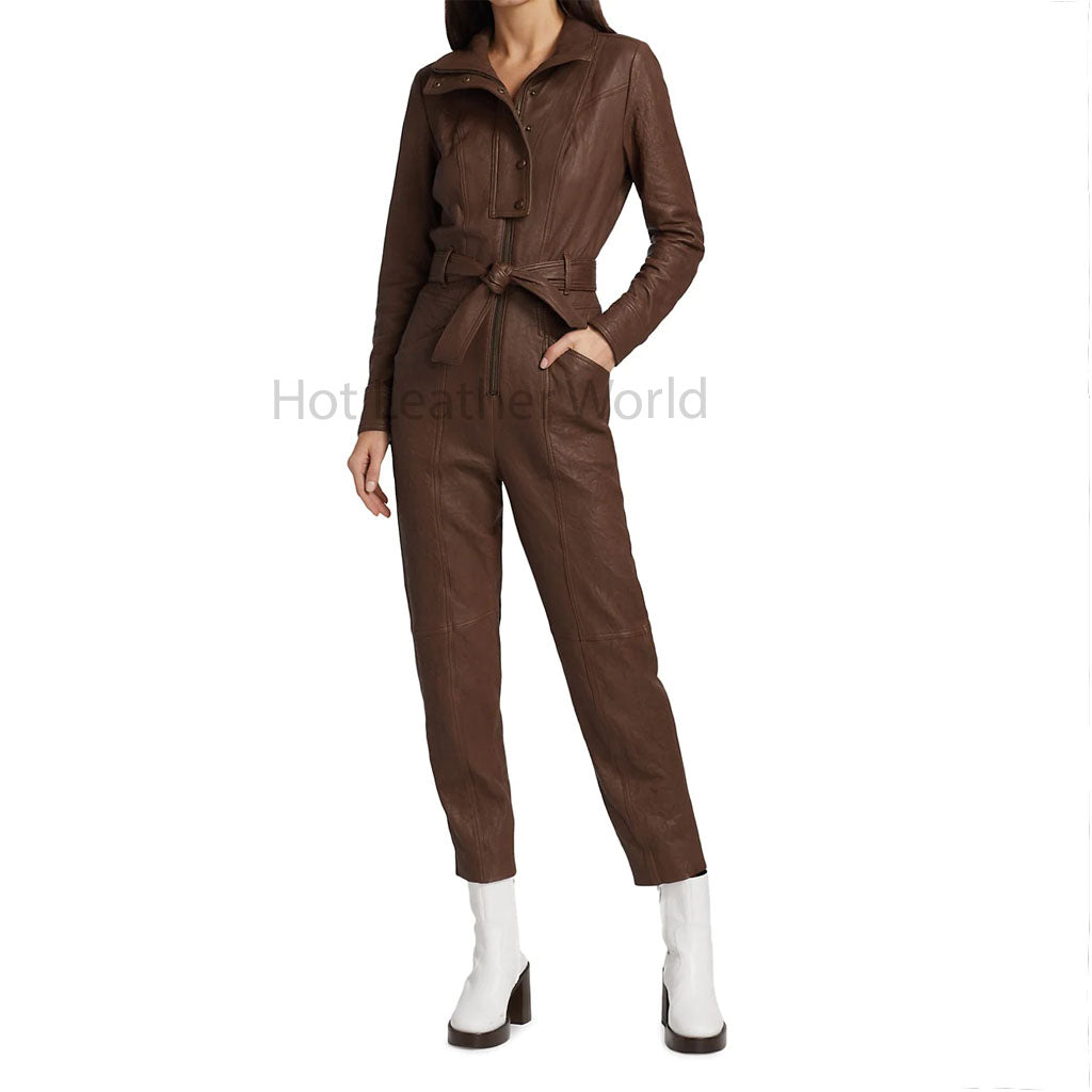 Chocolate Brown Snap Buttoned 4 Pockets Women Genuine Leather Jumpsuit -  HOTLEATHERWORLD