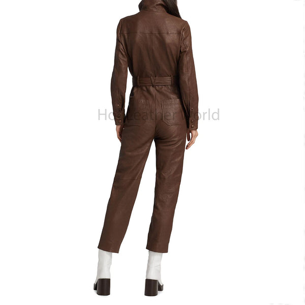 Chocolate Brown Snap Buttoned 4 Pockets Women Genuine Leather Jumpsuit -  HOTLEATHERWORLD