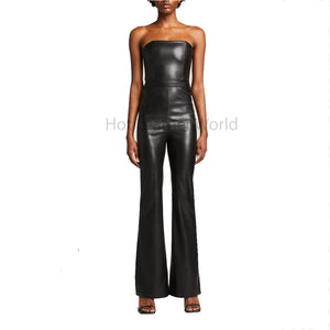 Premium Black Strapless Flared Leg Women Genuine Leather Jumpsuit -  HOTLEATHERWORLD