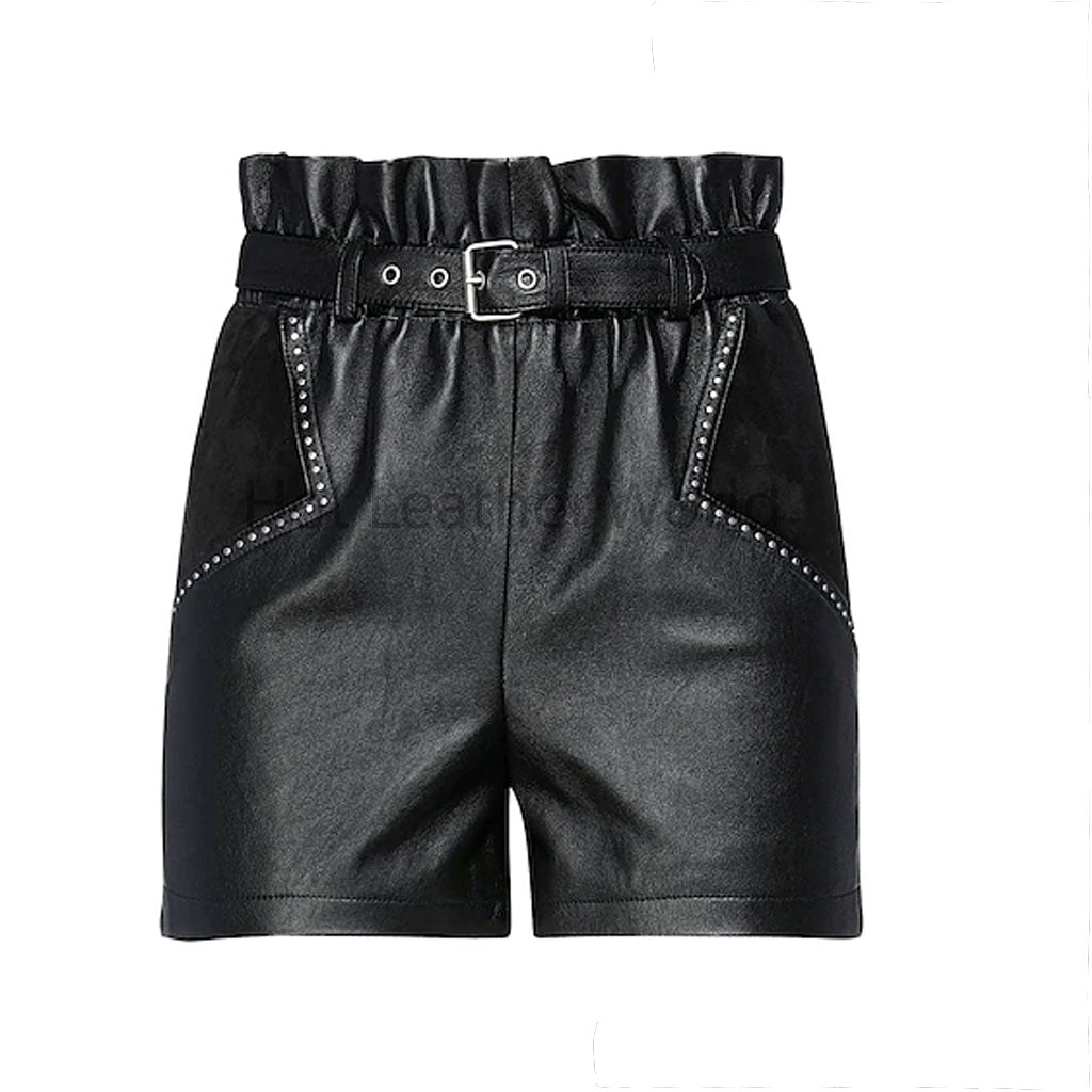 Premium Black Elasticized Waist Women Genuine Leather Shorts -  HOTLEATHERWORLD