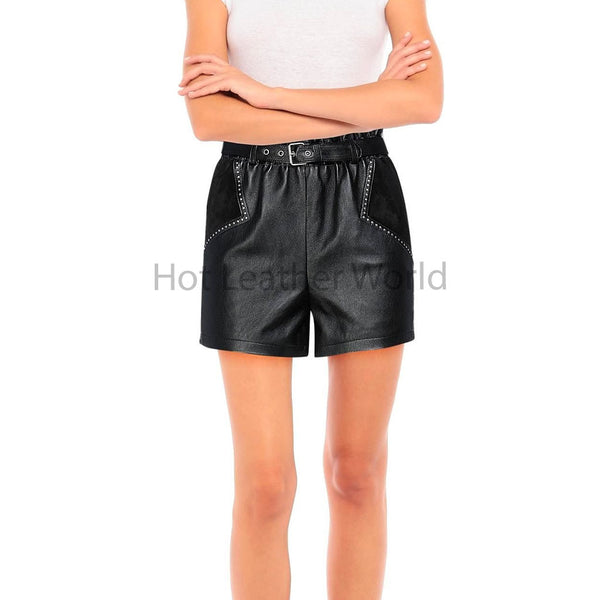 Premium Black Elasticized Waist Women Genuine Leather Shorts -  HOTLEATHERWORLD