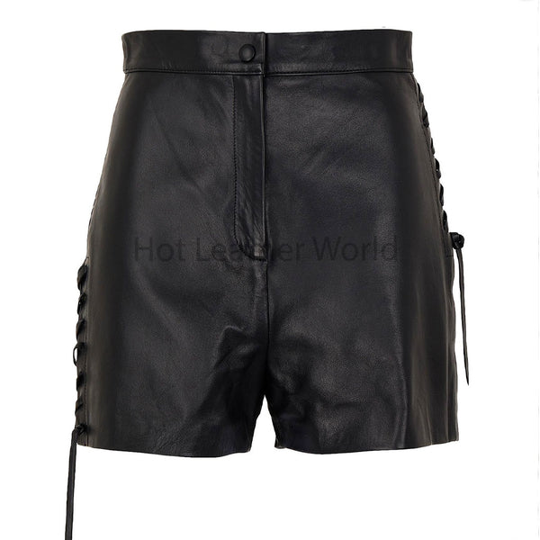 Solid Black Lace Up Detailed Women Genuine Leather Shorts -  HOTLEATHERWORLD
