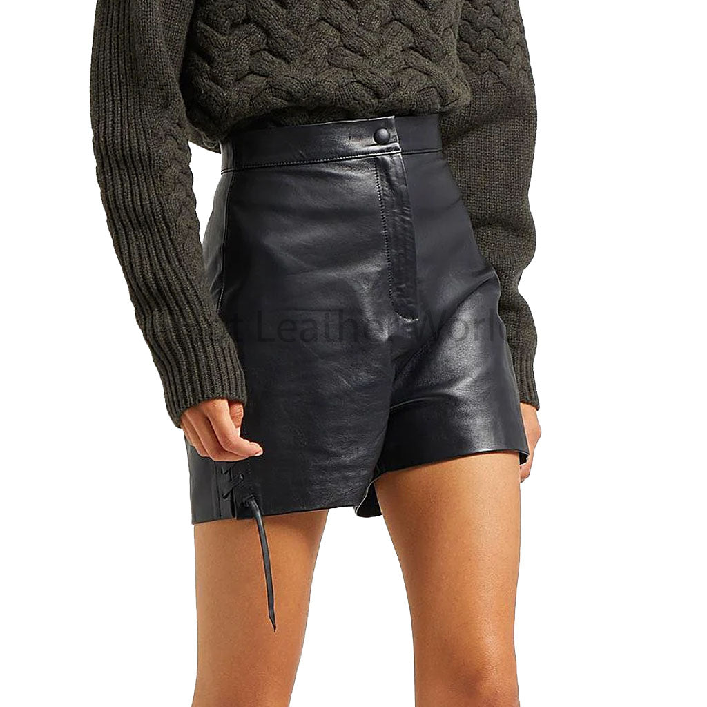 Solid Black Lace Up Detailed Women Genuine Leather Shorts -  HOTLEATHERWORLD