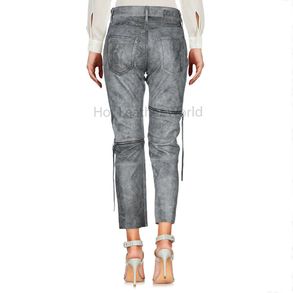 Stylish Steel Grey Textured Zipper Detailed Women Genuine Leather Pant -  HOTLEATHERWORLD