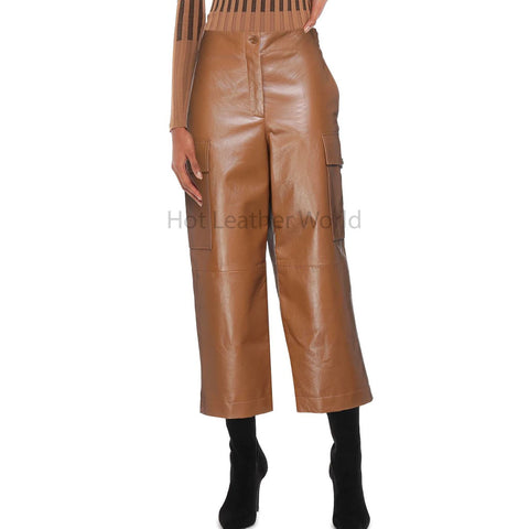 Khaki Brown Multi Pockets Wide Leg Women Casual Leather Pant -  HOTLEATHERWORLD