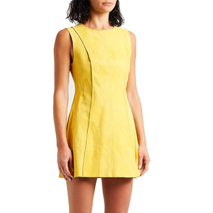 Bright Yellow Paneled Women A-line Summer Leather Dress -  HOTLEATHERWORLD
