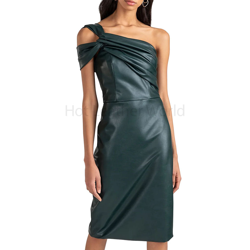 Gorgeous Green One Shoulder Women Christmas Leather Dress -  HOTLEATHERWORLD