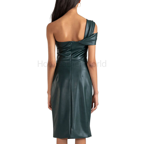 Gorgeous Green One Shoulder Women Christmas Leather Dress -  HOTLEATHERWORLD