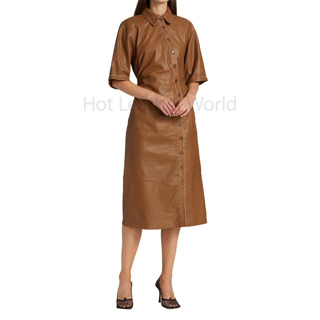 Classic Brown Button Down Women Shirt Leather Dress XL / White