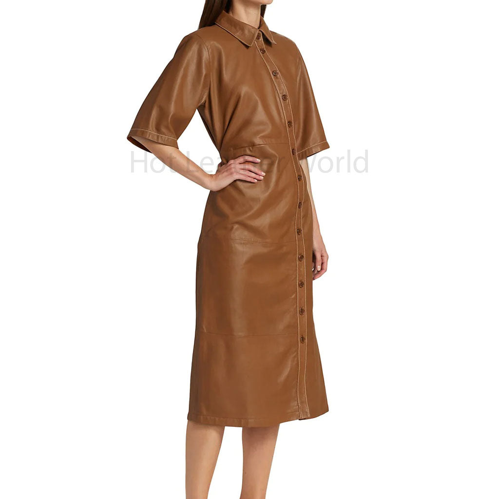 Classic Brown Button Down Women Shirt Leather Dress | HOTLEATHERWORLD Classic Brown Button Down Women Shirt Leather Dress | HOTLEATHERWORLD