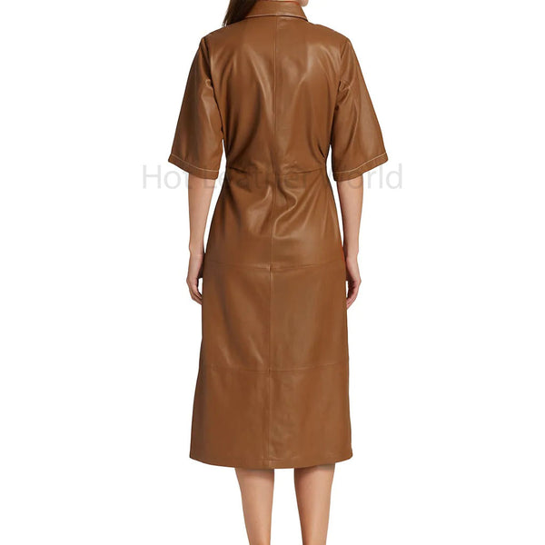 Classic Brown Button Down Women Shirt Leather Dress -  HOTLEATHERWORLD