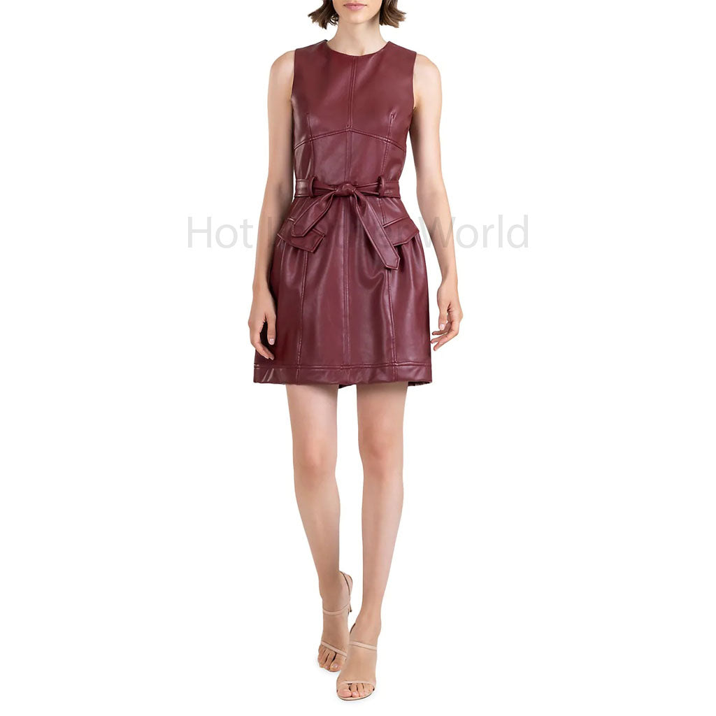 DARK RED Belted Waist Women Christmas Leather Dress M / DARK RED