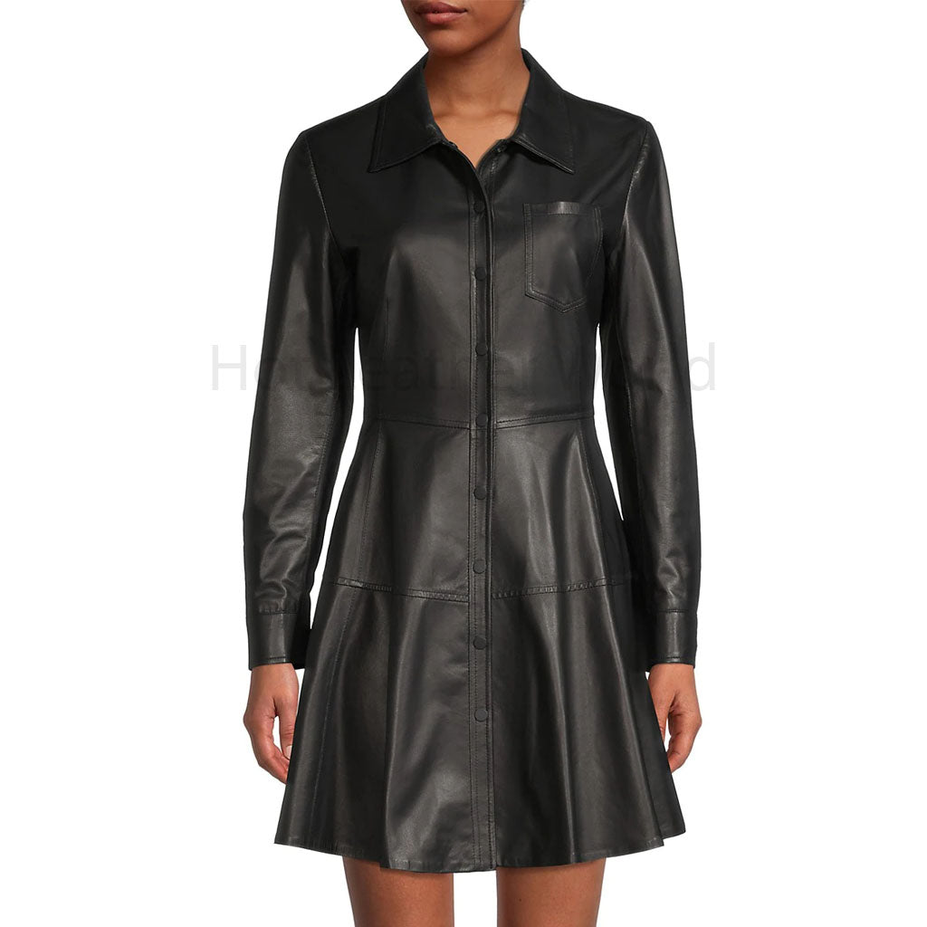 Minimal Black Shirt Style Women Leather Flared Dress -  HOTLEATHERWORLD