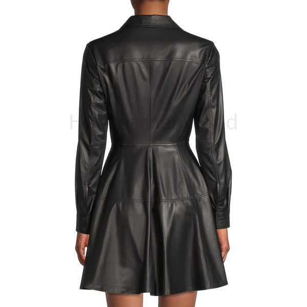 Minimal Black Shirt Style Women Leather Flared Dress -  HOTLEATHERWORLD