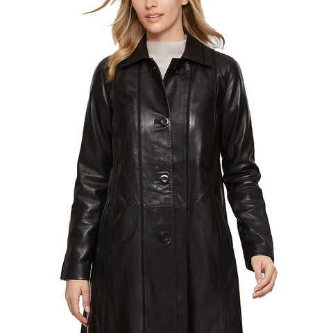 Minimal Black Button Down Swing Leather Coat -  HOTLEATHERWORLD