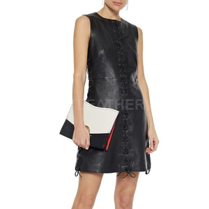 Lace-Up Detailing Women Leather Mini Dress -  HOTLEATHERWORLD