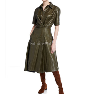 Leather Shirt Style Flared Dress -  HOTLEATHERWORLD