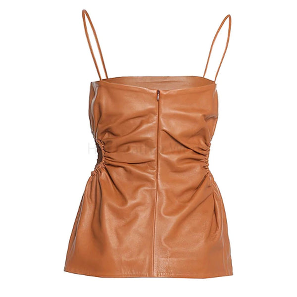 Classy Brown Side Ruched Spaghetti Women Leather Top -  HOTLEATHERWORLD