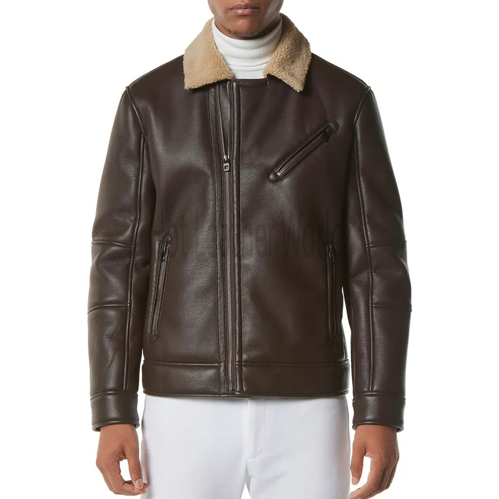 Dark Brown Shearling Collared Men Leather Jacket -  HOTLEATHERWORLD