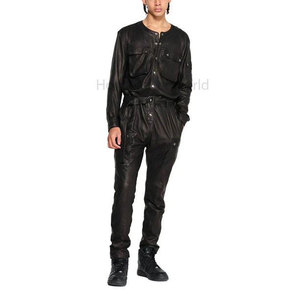Chic Black Cargo Style Men Leather jumpsuit -  HOTLEATHERWORLD