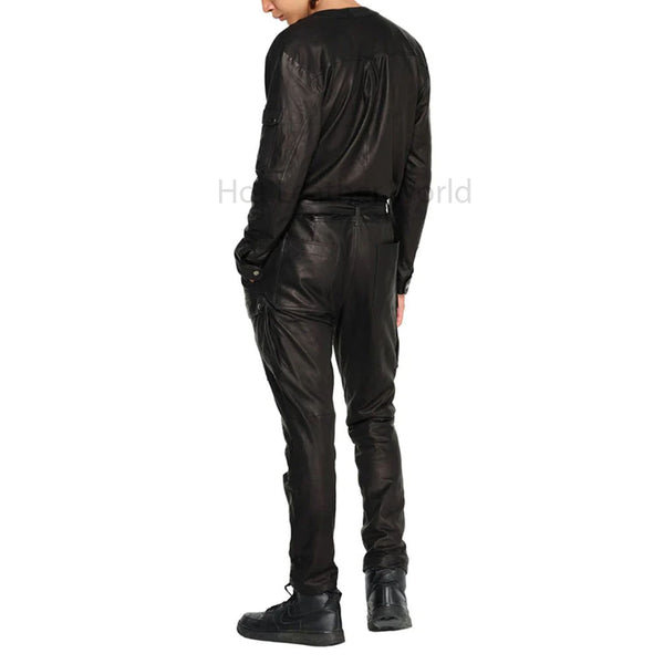 Chic Black Cargo Style Men Leather jumpsuit -  HOTLEATHERWORLD