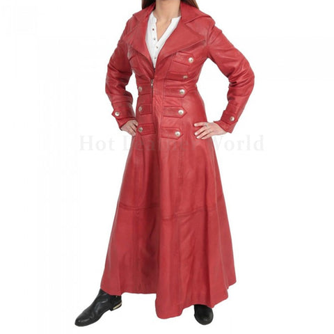 Military Style Women Full Length Trench Leather Coat -  HOTLEATHERWORLD