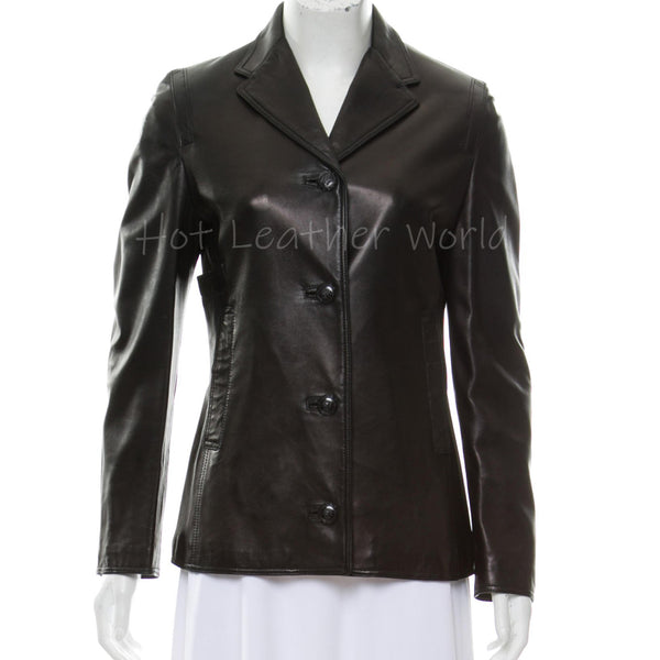 Notch-Lapel Women Leather Blazer -  HOTLEATHERWORLD