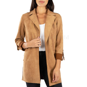 Notch Collar Suede Leather Coat For Women -  HOTLEATHERWORLD
