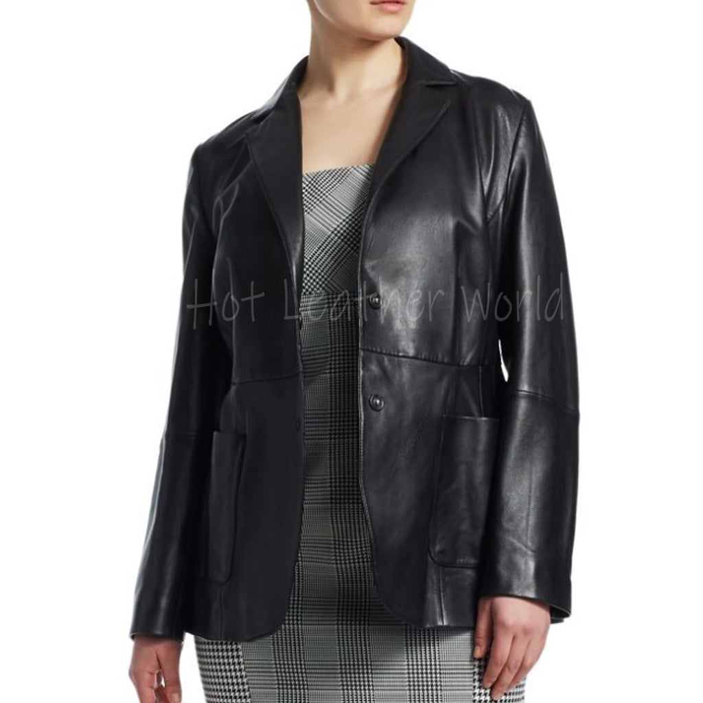 Notch Lapel Over Size Women Leather Blazer -  HOTLEATHERWORLD