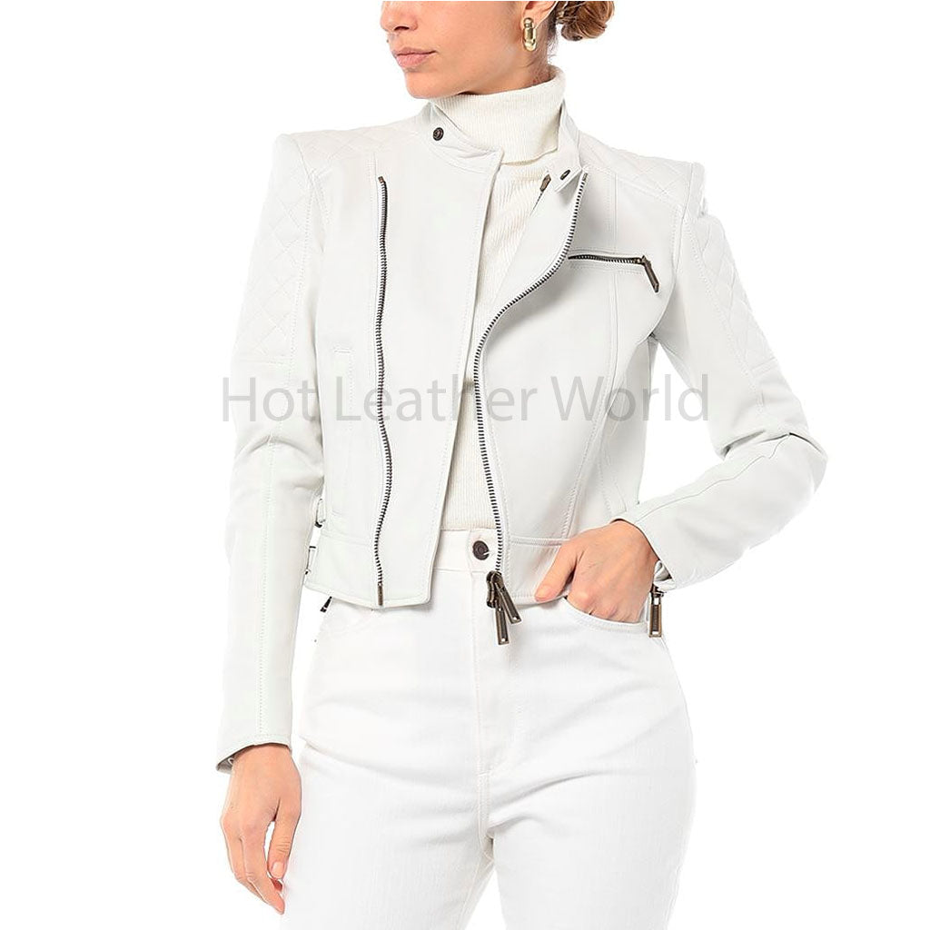 Solid White Overlapping Women Biker Leather Jacket -  HOTLEATHERWORLD