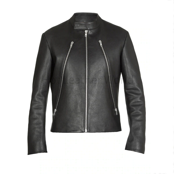 Minimal Silver Zip Detailed Black Men Leather Jacket -  HOTLEATHERWORLD