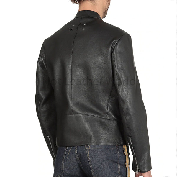 Minimal Silver Zip Detailed Black Men Leather Jacket -  HOTLEATHERWORLD