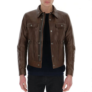 Classy Spread Collar Button Up Brown Men Leather Jacket -  HOTLEATHERWORLD