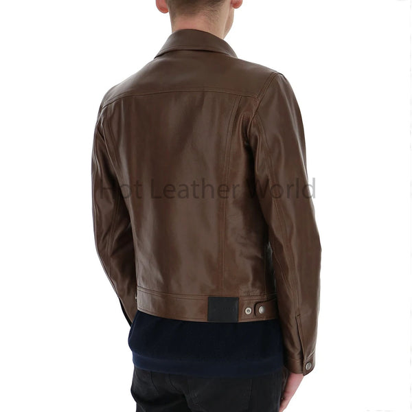 Classy Spread Collar Button Up Brown Men Leather Jacket -  HOTLEATHERWORLD