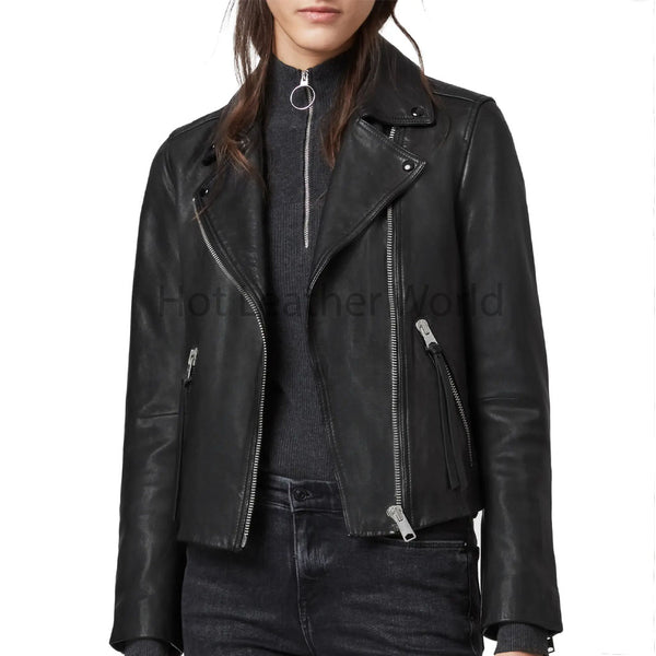 Chic Silver Tone Detailed Women Biker Leather Jacket -  HOTLEATHERWORLD